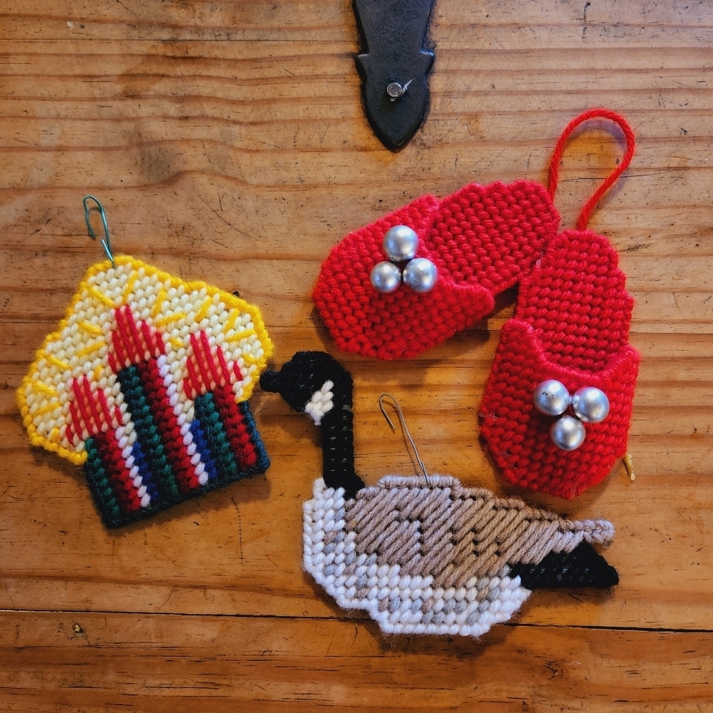 Vintage Needlepoint Christmas Tree Ornaments Canada Goose Kitschy Eclectic